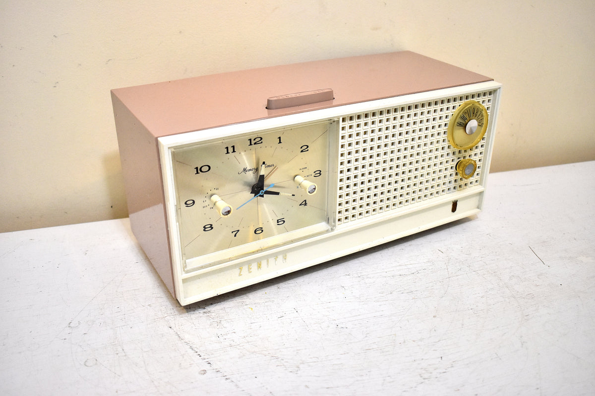 Dusty Rose and White 1962 Zenith Model H519L AM Vacuum Tube Alarm