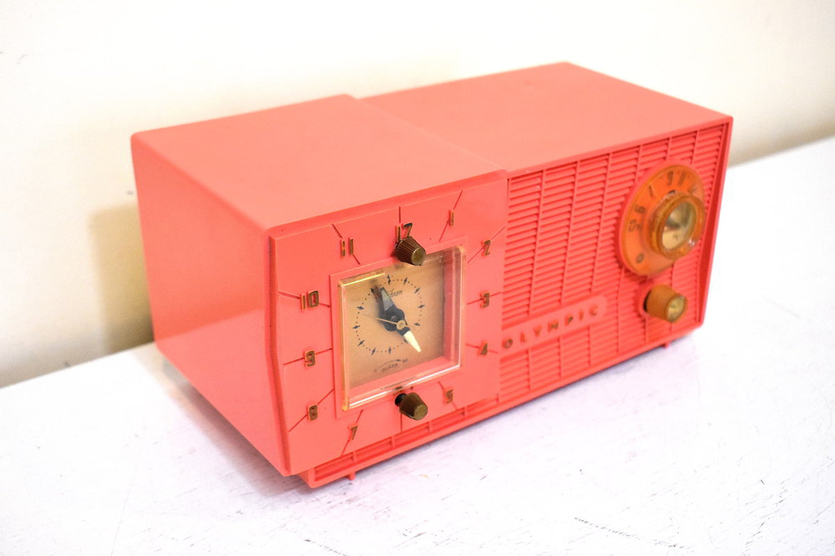 Watermelon Pink 1957 Olympic Model 409 AM ALARM Clock Radio Rare Manuf