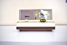 Load image into Gallery viewer, Lavender Mauve Tan 1960 Sylvania Model 5C12 Vacuum Tube AM Clock Radio Alarm Excellent Condition! Very Unique Profile and Color!