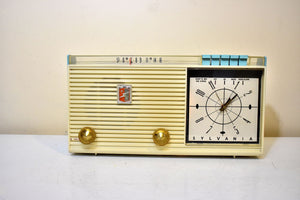 Pastel Blue 1960 Sylvania Model 5C13B Vacuum Tube AM Clock Radio Beautiful and Rare Color! Top of the Line Model!