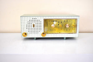 Sage Green Mid Century Vintage 1958 Zenith A519F AM Vacuum Tube Alarm Clock Radio Works Great! Excellent Condition!