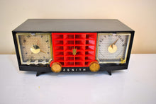 Load image into Gallery viewer, Widow Black and Red Mid Century Vintage 1955 Zenith R521Y AM Vacuum Tube Clock Radio Works Great and Excellent Condition!