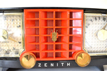 Load image into Gallery viewer, Widow Black and Red Mid Century Vintage 1955 Zenith R521Y AM Vacuum Tube Clock Radio Works Great and Excellent Condition!