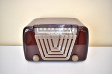 Load image into Gallery viewer, Burgundy Tan Beauty 1949 Motorola Model 68X-11Q Vintage Vacuum Tube AM Clock Radio Great Sounding and Looking!
