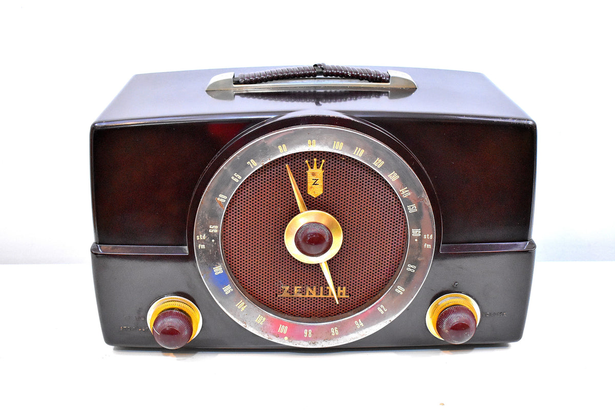 ショコラブラウン ミッドセンチュリー 1955 ゼニス H725 AM/FM 真空管ラジオ バンシーのように大音量!