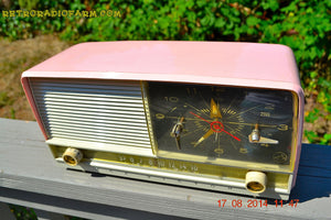SOLD! - Oct 2, 2014 - POWDER PINK Retro Jetsons 1956 RCA Victor 8-C-7-FE Tube AM Clock Radio WORKS! - [product_type} - RCA Victor - Retro Radio Farm