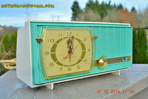 SOLD! - Dec 13, 2014 - TURQUOISE Retro Jetsons Vintage 1957 RCA Victor Model C-3HE AM Tube Radio WORKS! - [product_type} - RCA Victor - Retro Radio Farm