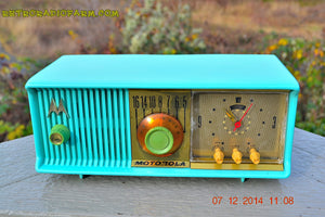 SOLD! - Dec 17, 2014 - VIVID Turquoise Retro Jetsons 1957 Motorola 57CC Tube AM Clock Radio WORKS! - [product_type} - Motorola - Retro Radio Farm