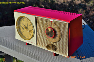 SOLD! - March 23, 2015 - CORVETTE RED AND WHITE Retro Jetsons Late 50s early 60s General Electric GE Tube AM Clock Radio Totally Restored!