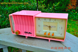 SOLD! - Sept 26, 2016 - BARBIE PINK Mid Century Retro Jetsons 1961 Silvertone Model 8027 AM Clock Radio Totally Restored! - [product_type} - Silvertone - Retro Radio Farm