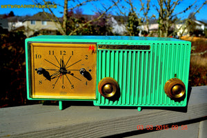 SOLD! - Sept 12, 2015 - BEAUTIFUL SEA GREEN Retro Jetsons 1956 Motorola 56CS Tube AM Clock Radio Totally Restored! - [product_type} - Motorola - Retro Radio Farm