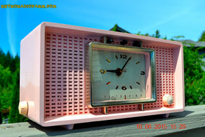 SOLD! - Sept 9, 2015 - BLUETOOTH MP3 READY - BIG PINK Mid Century Retro Jetsons 1956 Sylvania Model R598-7509 Tube AM Clock Radio Totally Restored! - [product_type} - Sylvania - Retro Radio Farm