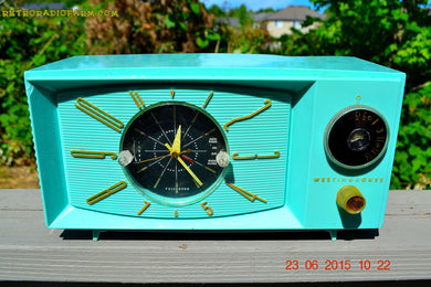 SOLD! - Nov 24, 2015 - BLUETOOTH MP3 READY - Aquamarine Retro Jetsons 1959 Westinghouse Model H671T5 Tube AM Clock Radio Totally Restored!