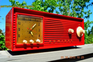 SOLD! - Dec 4, 2015 - BLUETOOTH MP3 READY - RED Red Red Retro Jetsons 1956 Admiral Model 5B4 Tube AM Clock Radio Totally Restored!