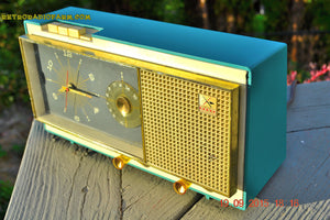SOLD! - Aug 22, 2017 - TURQUOISE Mid Century Vintage Retro Westinghouse Model H718T5 AM Tube Radio Alarm Clock Works! - [product_type} - Westinghouse - Retro Radio Farm