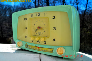SOLD! - Oct 7, 2016 - MINT GREEN Retro Mid Century 1955 Westinghouse Model H-548T5 AM Tube Radio Alarm Clock Totally Restored! - [product_type} - Westinghouse - Retro Radio Farm