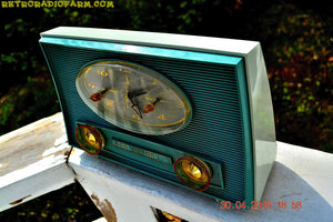 SOLD! - July 11, 2016 - TURQUOISE-ISH and Ivory-ish Retro Jetsons Vintage 1959 RCA Victor Model 1-RD-45 AM Tube Clock Radio Totally Restored! - [product_type} - RCA Victor - Retro Radio Farm