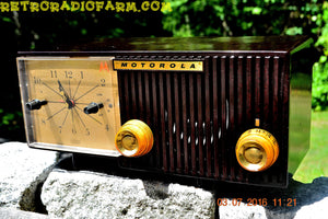 SOLD! - Sept 9, 2016 - BLUETOOTH MP3 READY - Chocolate Brown Retro Jetsons 1959 Motorola Model 56CS44 Tube AM Clock Radio Totally Restored! - [product_type} - Motorola - Retro Radio Farm