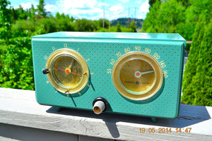 SOLD! - August 29, 2014 - BEAUTIFUL Turquoise Retro Jetsons 1956 General Electric 566 Tube AM Clock Radio - [product_type} - General Electric - Retro Radio Farm