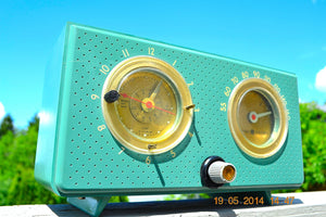 SOLD! - August 29, 2014 - BEAUTIFUL Turquoise Retro Jetsons 1956 General Electric 566 Tube AM Clock Radio - [product_type} - General Electric - Retro Radio Farm