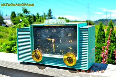 SOLD! - July 8, 2014 - AQUAMARINE Vintage Atomic Age 1959 Philco G755-124 Tube AM Radio Clock Alarm Works!