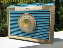 Load image into Gallery viewer, SOLD! - Dec 4, 2016 - CLEOPATRA Teal and Gold Vintage Antique Mid Century 1955 Bulova Companion Model 206 Portable Tube AM Radio Bling! Bling! - [product_type} - Bulova - Retro Radio Farm