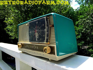 SOLD! - Aug 14, 2016 - BLUETOOTH MP3 READY - Turquoise and White Retro Jetsons 1956 RCA Victor Model 9-C-71 Tube AM Clock Radio Works! - [product_type} - RCA Victor - Retro Radio Farm