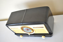 Load image into Gallery viewer, Black and Ivory 1950 Jewel Wakemaster Model 5057U Vacuum Tube AM Clock Radio The Master Awaketh!