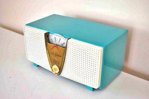 Aquamarine Turquoise 1957 Philco H817-124 AM Vacuum Tube Radio Sleek Mid Century Looking Dual Speaker Sound!
