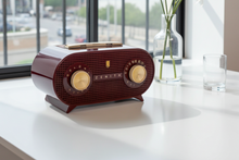 Load image into Gallery viewer, Oxblood Burgundy 1954 Zenith Model M510R Vacuum Tube AM Radio Oval Owl Eyes! Excellent Condition! Sounds Great!
