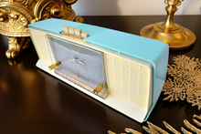 Load image into Gallery viewer, Celeste Blue and White 1959 Silvertone Model 9027 Vacuum Tube AM Clock Radio Super Rare Model!