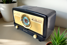 Load image into Gallery viewer, Ebony Ivory 1950 Jewel Wakemaster Model 5057U Vacuum Tube AM Clock Radio Beautiful Design Sounds Great!