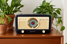 Load image into Gallery viewer, Ebony Ivory 1950 Jewel Wakemaster Model 5057U Vacuum Tube AM Clock Radio Beautiful Design Sounds Great!