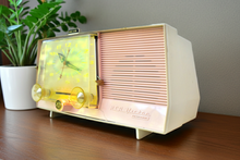 Load image into Gallery viewer, Carnation Pink and White 1959 RCA Victor Model C-4FE Vacuum Tube AM Clock Radio Beautiful Design and Sounds Fabulous!