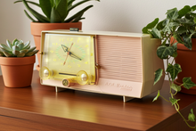 Load image into Gallery viewer, Carnation Pink and White 1959 RCA Victor Model C-4FE Vacuum Tube AM Clock Radio Beautiful Design and Sounds Fabulous! 