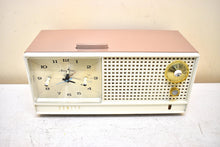 Load image into Gallery viewer, Dusty Rose and White 1962 Zenith Model H519L AM Vacuum Tube Alarm Clock Radio Sounds Terrific and Excellent Condition!