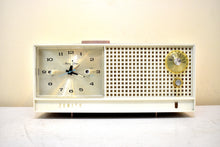 Load image into Gallery viewer, Dusty Rose and White 1962 Zenith Model H519L AM Vacuum Tube Alarm Clock Radio Sounds Terrific and Excellent Condition!