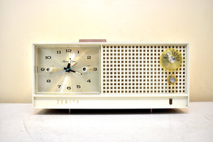 Dusty Rose and White 1962 Zenith Model H519L AM Vacuum Tube Alarm Clock Radio Sounds Terrific and Excellent Condition!