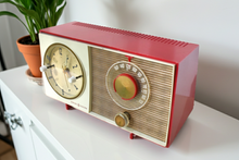 Load image into Gallery viewer, Cardinal Red White 1959 General Electric Model C-404B Vacuum Tube AM Clock Radio Excellent Condition! Sounds Great!