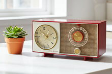 Load image into Gallery viewer, Cardinal Red White 1959 General Electric Model C-404B Vacuum Tube AM Clock Radio Excellent Condition! Sounds Great!