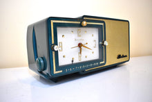 Load image into Gallery viewer, Sherwood Green and Gold 1957 Bulova Model 100 AM Antique Clock Radio Simply Fabulous!