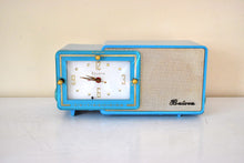 Load image into Gallery viewer, Bali Blue and Gold 1957 Bulova Model 100 AM Vacuum Tube Radio Awesome Color Sounds Great! Excellent Condition!