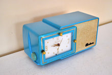 Load image into Gallery viewer, Bali Blue and Gold 1957 Bulova Model 100 AM Vacuum Tube Radio Awesome Color Sounds Great! Excellent Condition!