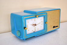 Load image into Gallery viewer, Bali Blue and Gold 1957 Bulova Model 100 AM Vacuum Tube Radio Awesome Color Sounds Great! Excellent Condition!