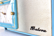 Load image into Gallery viewer, Bali Blue and Gold 1957 Bulova Model 100 AM Vacuum Tube Radio Awesome Color Sounds Great! Excellent Condition!