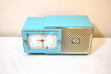 Load image into Gallery viewer, Egyptian Turquoise Gold Mid Century 1959 Bulova Model 120 Vacuum Tube AM Clock Radio Excellent Condition! Sounds Great!