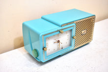 Load image into Gallery viewer, Egyptian Turquoise Gold Mid Century 1959 Bulova Model 120 Vacuum Tube AM Clock Radio Excellent Condition! Sounds Great!