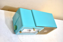 Load image into Gallery viewer, Egyptian Turquoise Gold Mid Century 1959 Bulova Model 120 Vacuum Tube AM Clock Radio Excellent Condition! Sounds Great!