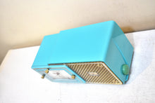 Load image into Gallery viewer, Egyptian Turquoise Gold Mid Century 1959 Bulova Model 120 Vacuum Tube AM Clock Radio Excellent Condition! Sounds Great!