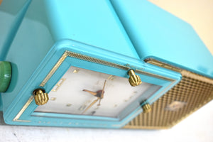 Egyptian Turquoise Gold Mid Century 1959 Bulova Model 120 Vacuum Tube AM Clock Radio Excellent Condition! Sounds Great!